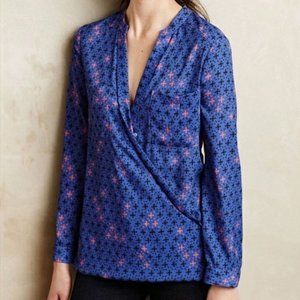 Anthropologie Maeve Blue Eva Faux Front Wrap Blouse